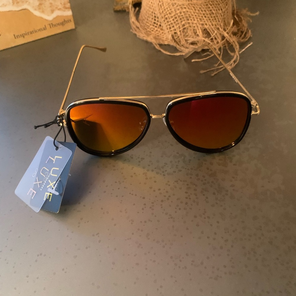 LUXE, NEW WITH TAGS, PURPLE tinted sunglasses, GOLD and BLACK full wire frames.